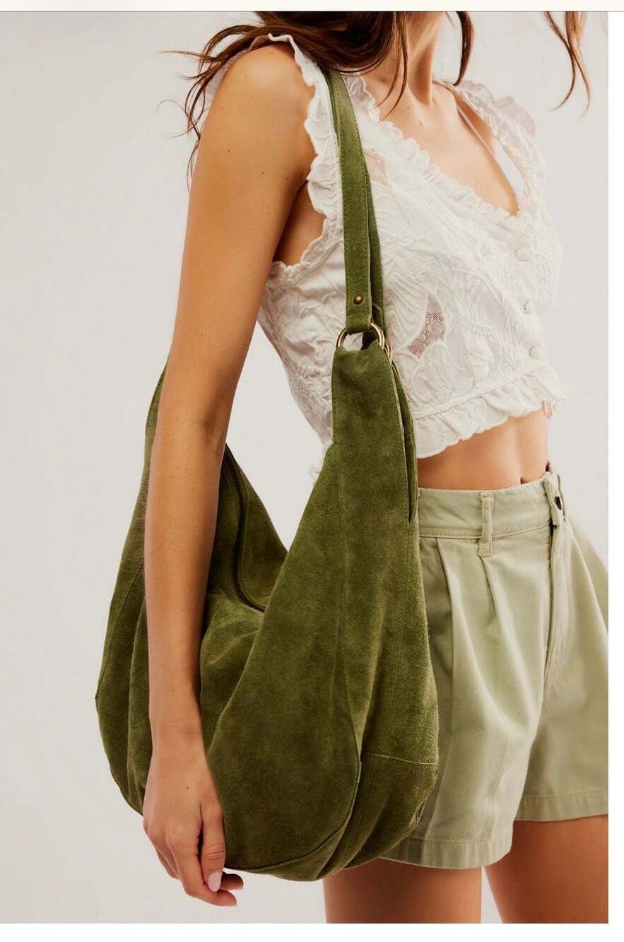 CURRENT $98! Free People Roma Suede Tote Olive Green Hobo Handbag